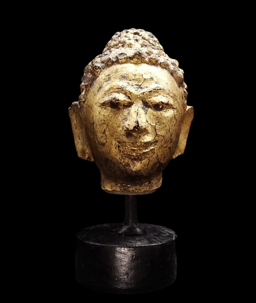 Asiatique ancien Tête de Bouddha doré à l'or - Birmanie - XVIIème/XVIIIème siècle #1.0
