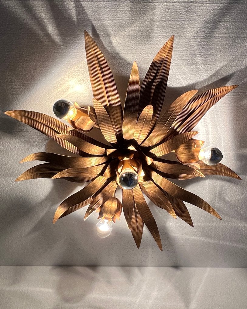 Taklampe - Gullbelagte blader dekorasjon med fire steder - Stål, Metall, Gullbelagt - Diameter 60 cm #1.0
