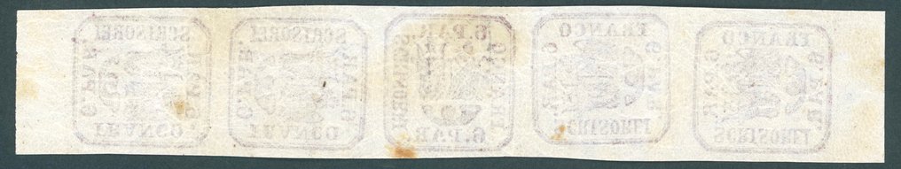 Romania 1862 - Principality of Romania - postfrischer 5-er Streifen 6 Par rot mit Kehrdruck in sehr guter Erhaltung Mi.Nr. 9 #2.1