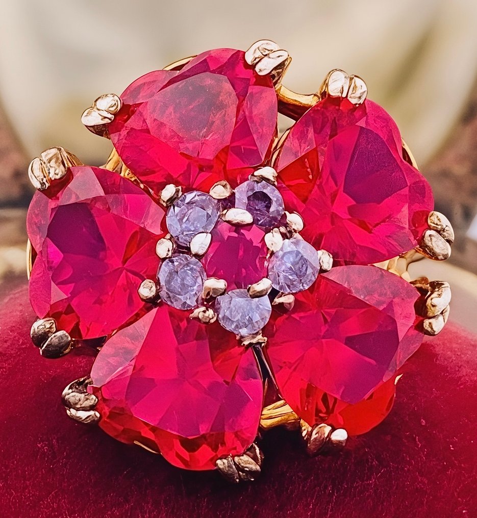 Ingen mindstepris - Ring - 9 kt. Gulguld, Sølv Rubin - Ametyst #1.0