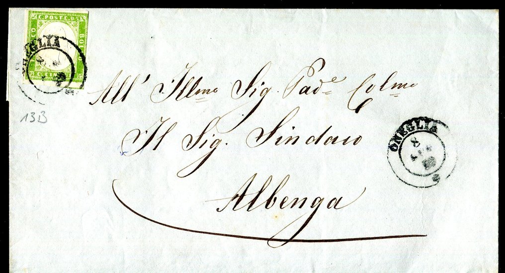 意大利古城邦-撒丁岛 1855/1858 - 5 分，明亮的绿色和黄色，孤立在圆形上。 - Sassone 13B #1.0