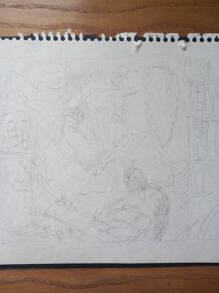 Mike Kaluta - 1 Original drawing - Self-portrait at drawing table with demon #2.1