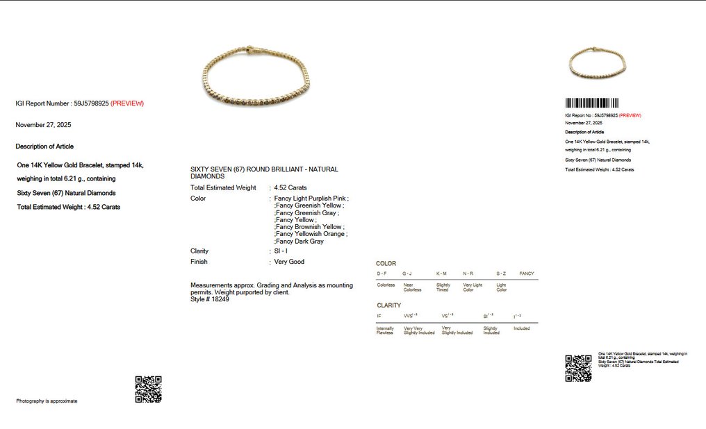 沒有保留價 - 手鈪 - 14 克拉 黃金 -  4.52ct. tw. 鉆石 (天然彩色) - IGI #2.1