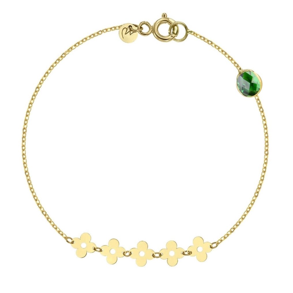 没有保留价 - Handmade - 手镯 - 14K包金 黄金 锆石 - 5 Clover 配绿色宝石 #3.2