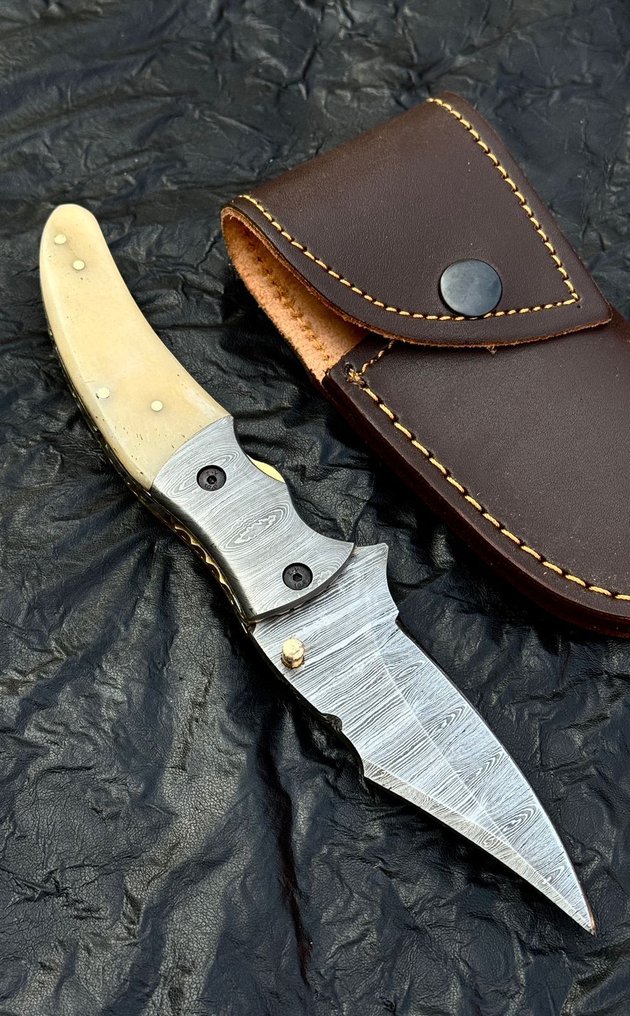 厨刀 - 厨房刀具 - 高端大马士革折叠口袋刀 - 天然骨柄配皮套 - 亚洲 #3.2