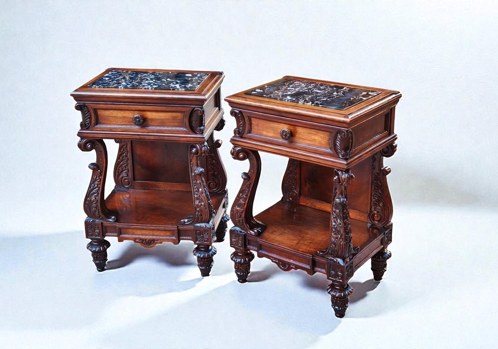 Nightstand (2) - Walnut, Marmo Portoro Gold - 19th century #1.0