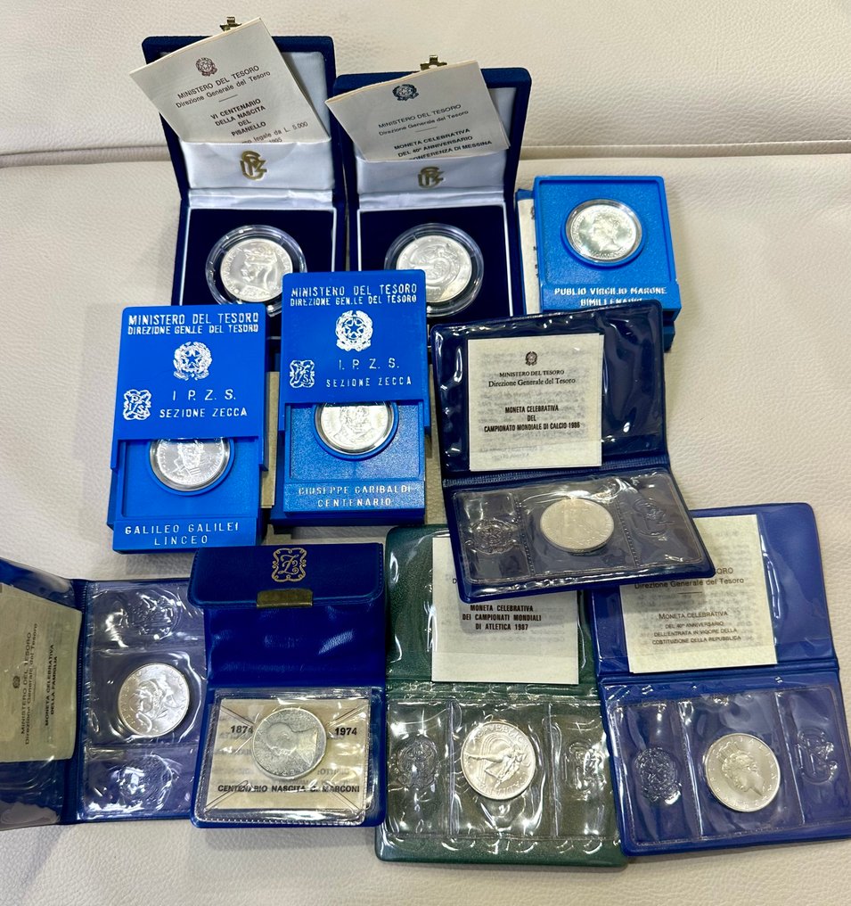 Olaszország. 1974 / 1995 - gruppo di 10 monete argento Lire 500 / 5.000 / 10.000 FDC  (Nincs minimálár) #1.0