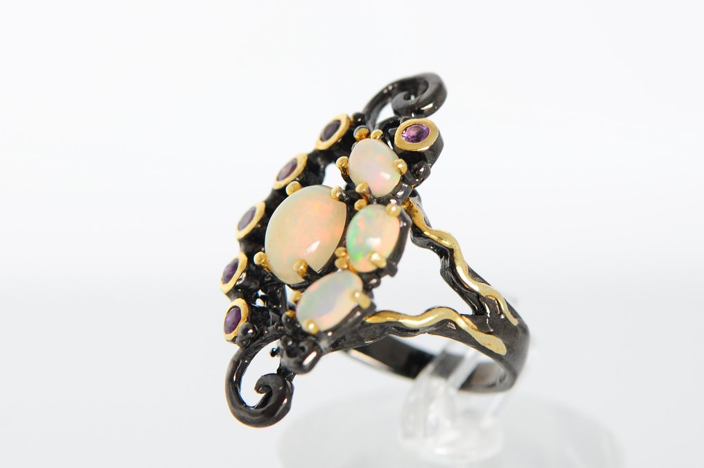 925 银 黑色镀铑 - 欧泊 - 紫水晶 - 戒指 #3.2