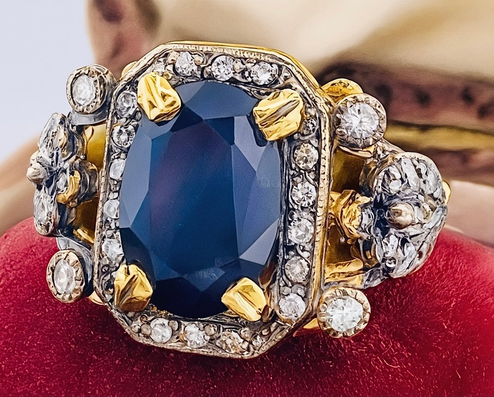 χωρίς τιμή ασφαλείας - Δαχτυλίδι - 9 kt. Κίτρινο χρυσό, Ασημί Ζαφείρι - Διαμάντι #2.1