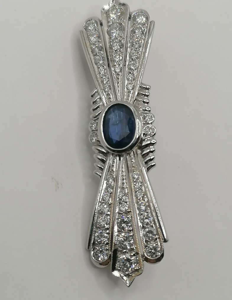Καρφίτσα - 18 καράτια Λευκός χρυσός -  2.67ct. tw. Ζαφείρι - Διαμάντι #1.0