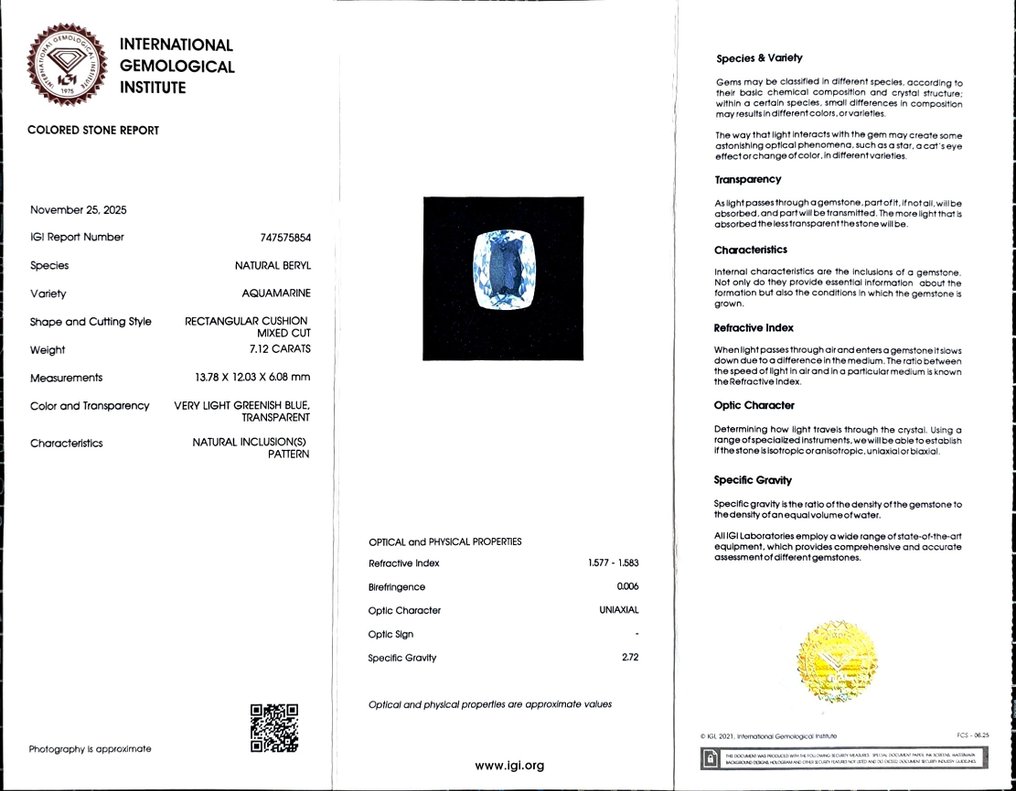 χωρίς τιμή ασφαλείας Μπλε Ακουαμαρίνης  - 7.12 ct - International Gemological Institute (IGI) #2.1