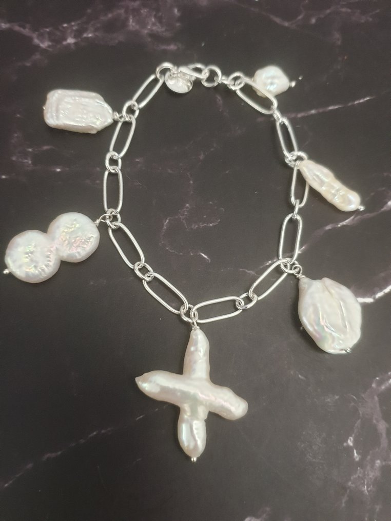 Ezüst, Barokk édesvízi gyöngyök - Karkötő #3.2