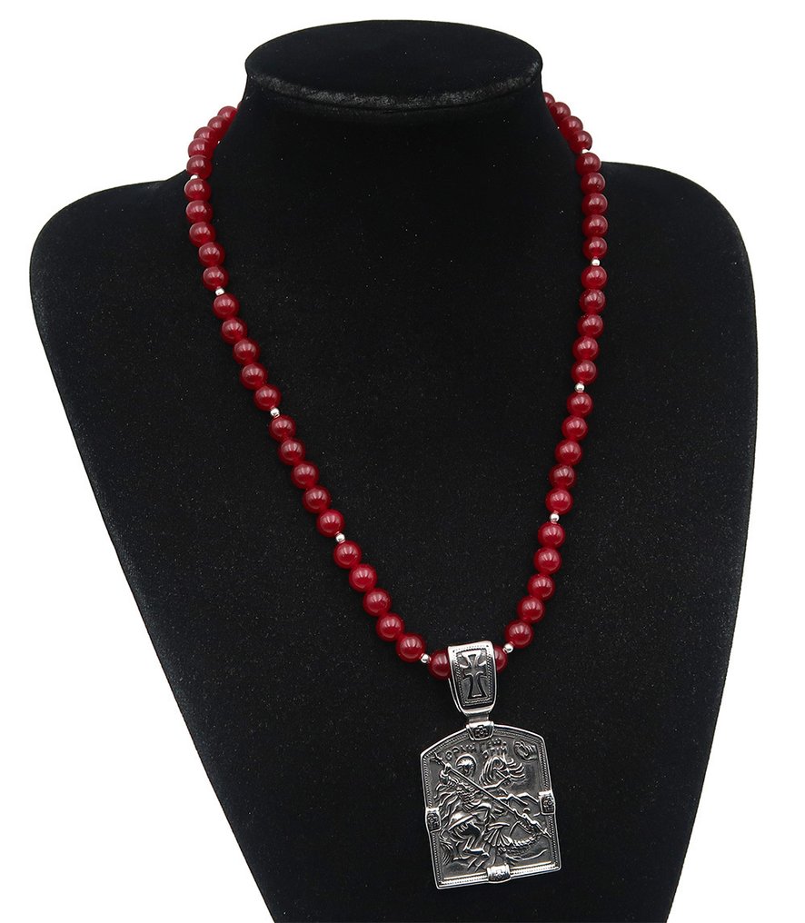 Rubis - Ícone Ortodoxo de Santo Jorge: Triunfo sobre o Mal & Proteção - Fecho, pérolas - Colar #3.2