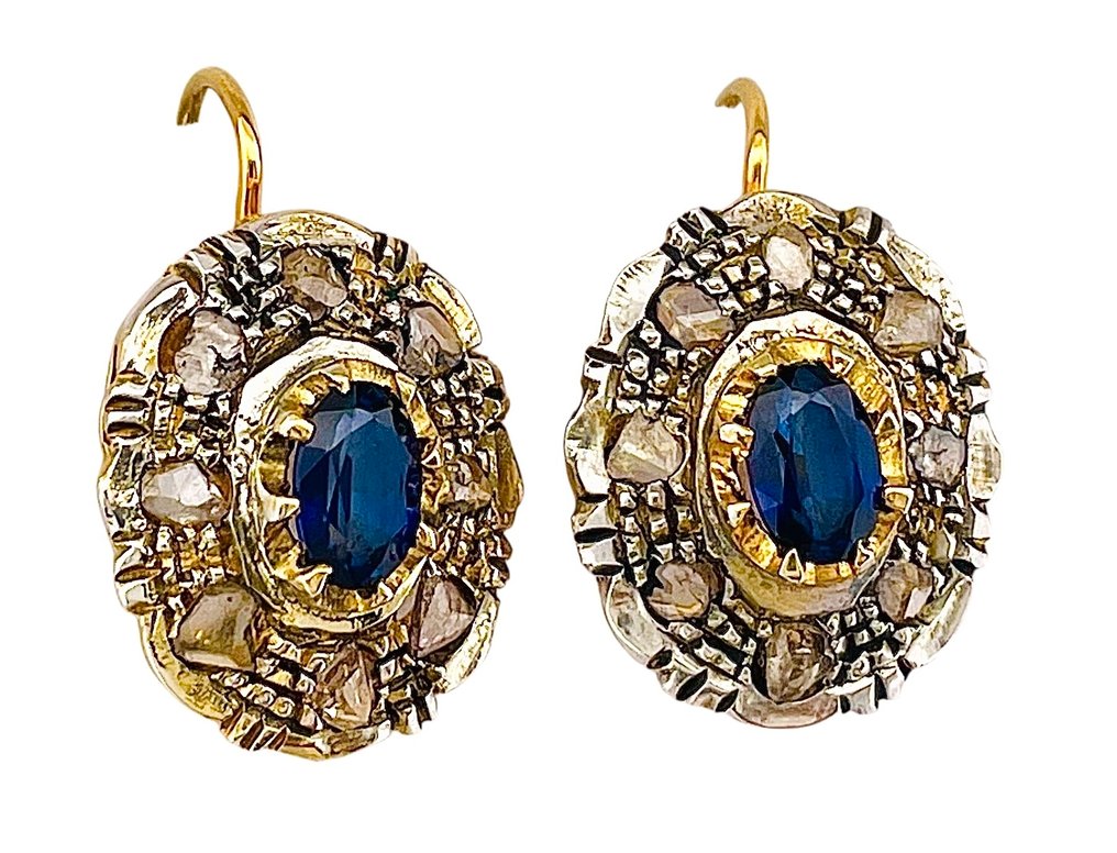 Ingen mindstepris - Øreringe - 9 kt. Gulguld, Sølv Safir - Diamant #3.2