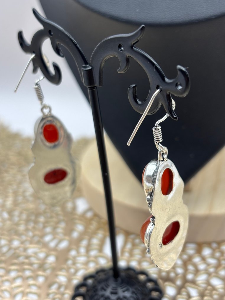 镀银项链，红玉髓与925银标志，红玉髓A等级耳环 - 2件套珠宝 #3.2