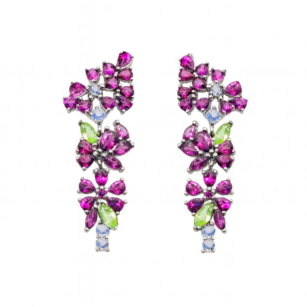 Nincs minimálár - Drop fülbevaló Ezüst, Aranyozott, 18 kt. Rodolit - Peridot - Tanzanite - 9,20 kt. #1.0