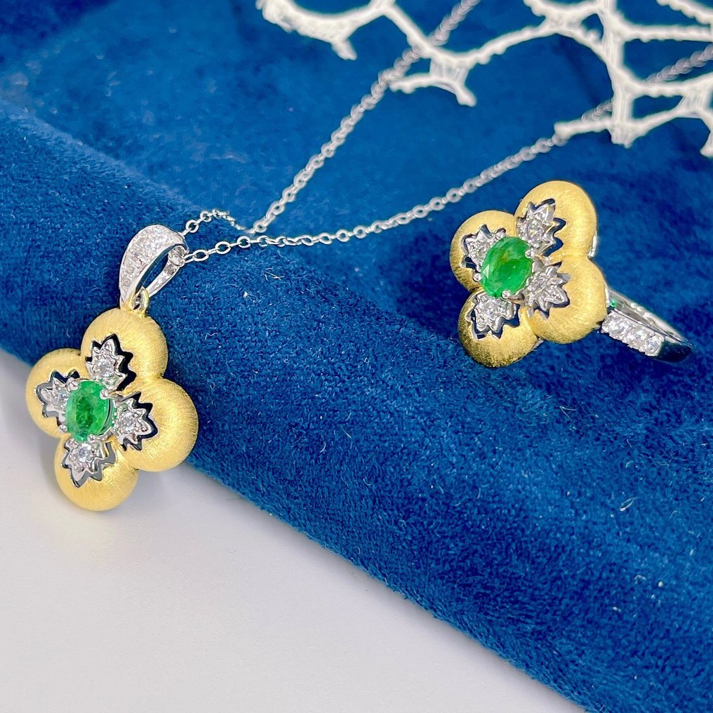 Zonder minimumprijs - 2-delige sieradenset Zilver 925, 14k goud verguld, natuurlijk Smaragd #2.1