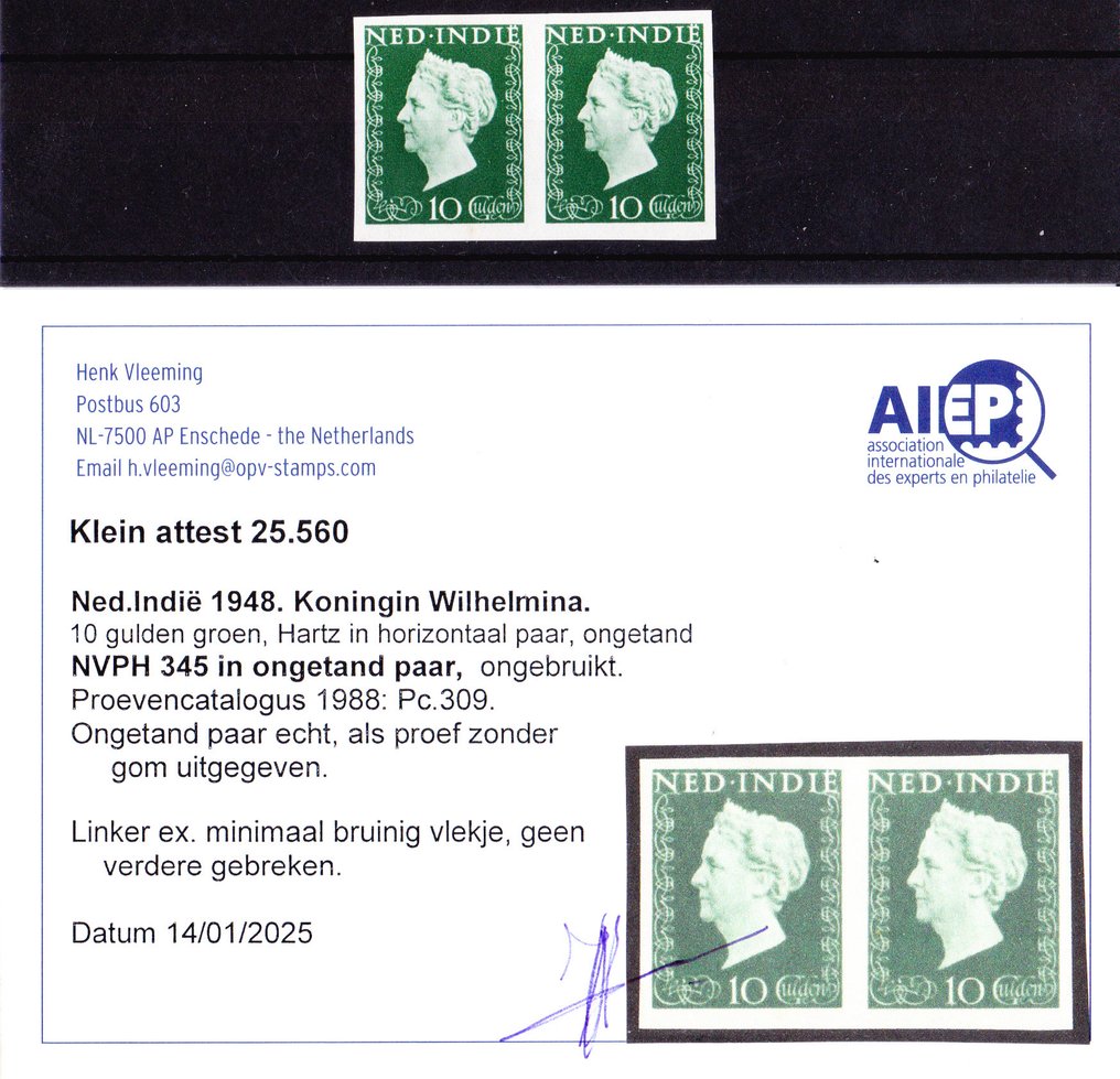 Ολλανδία 1948 - 10 δοκιμές Wilhelmina σε λίγους - Proevencatalogus PC 309 Gekeurd Vleeming #1.0