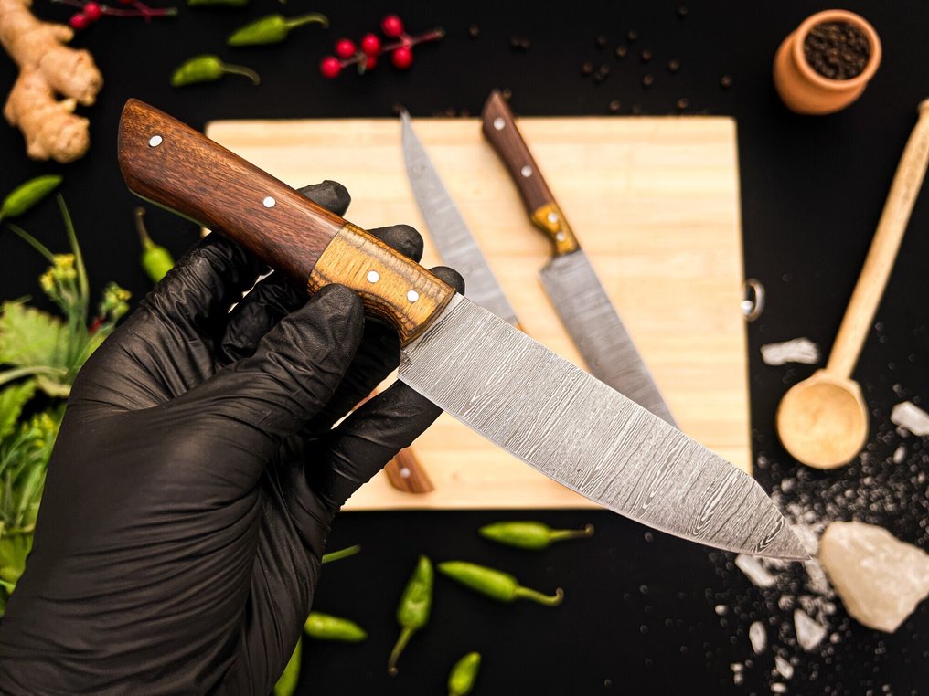 厨刀 -  厨房厨师刀具套装，适合室内外日常使用（FK-153） - 美国玫瑰木手柄和1095/15N0折叠钢 - 美国 - 厨房刀具套装 #2.1