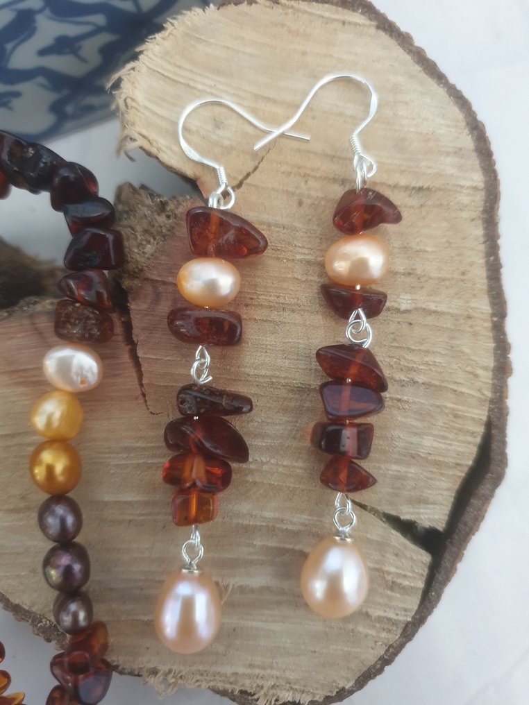 Ασημί, Φυσική μαργαριταριού, Βαλτικό κεχριμπάρι. - Σετ κοσμημάτων 2 τεμαχίων #4.3