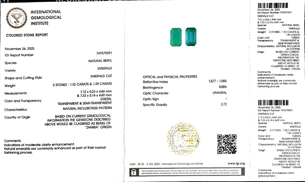 没有保留价 - 2 pcs  祖母绿  - 2.71 ct - 国际宝石研究院（IGI） #2.1