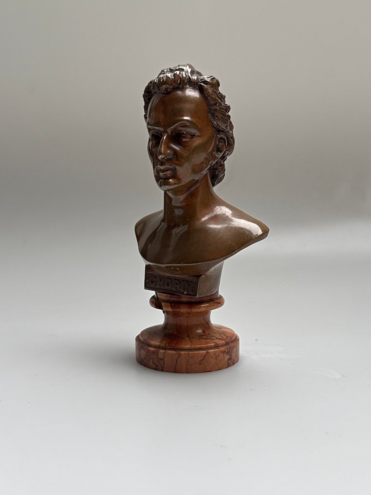 Scuola francese - Skulptur, Chopin - 13 cm - Patineret bronze, marmor #2.1