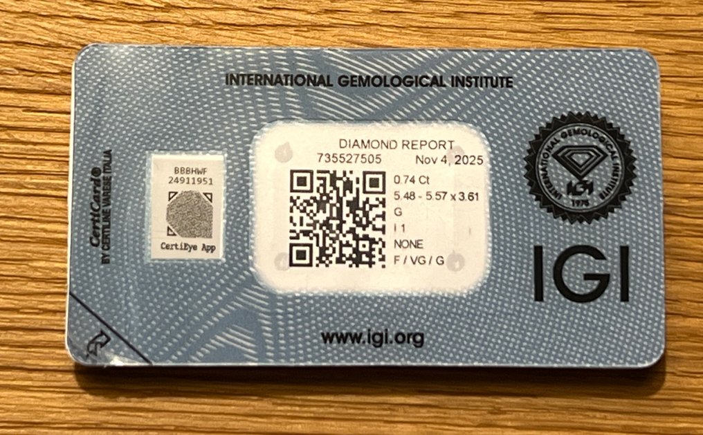 1 pcs 钻石  (天然)  - 0.74 ct - 圆形 - G - I1 内含一级 - 意大利宝石学院（IGI） #3.2