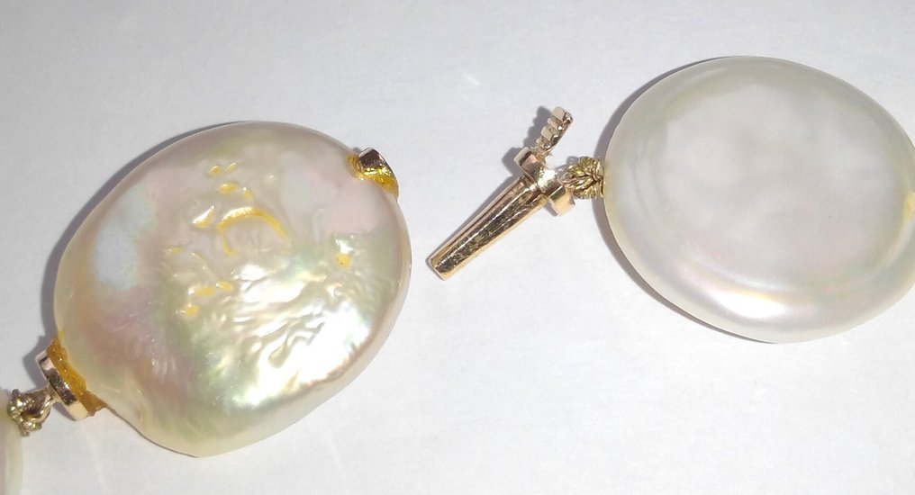 Zonder minimumprijs - Halsketting 14 kt geelgoud - Platte zuchtperlen tot 21,8 mm Ø #3.2