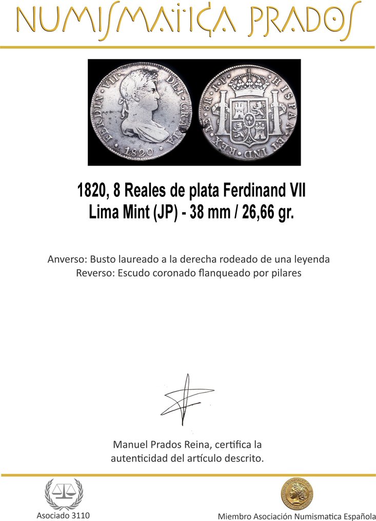 Spanyolország. Fernando VII. 8 Reales 1820, Lima JP  (Nincs minimálár) #1.0