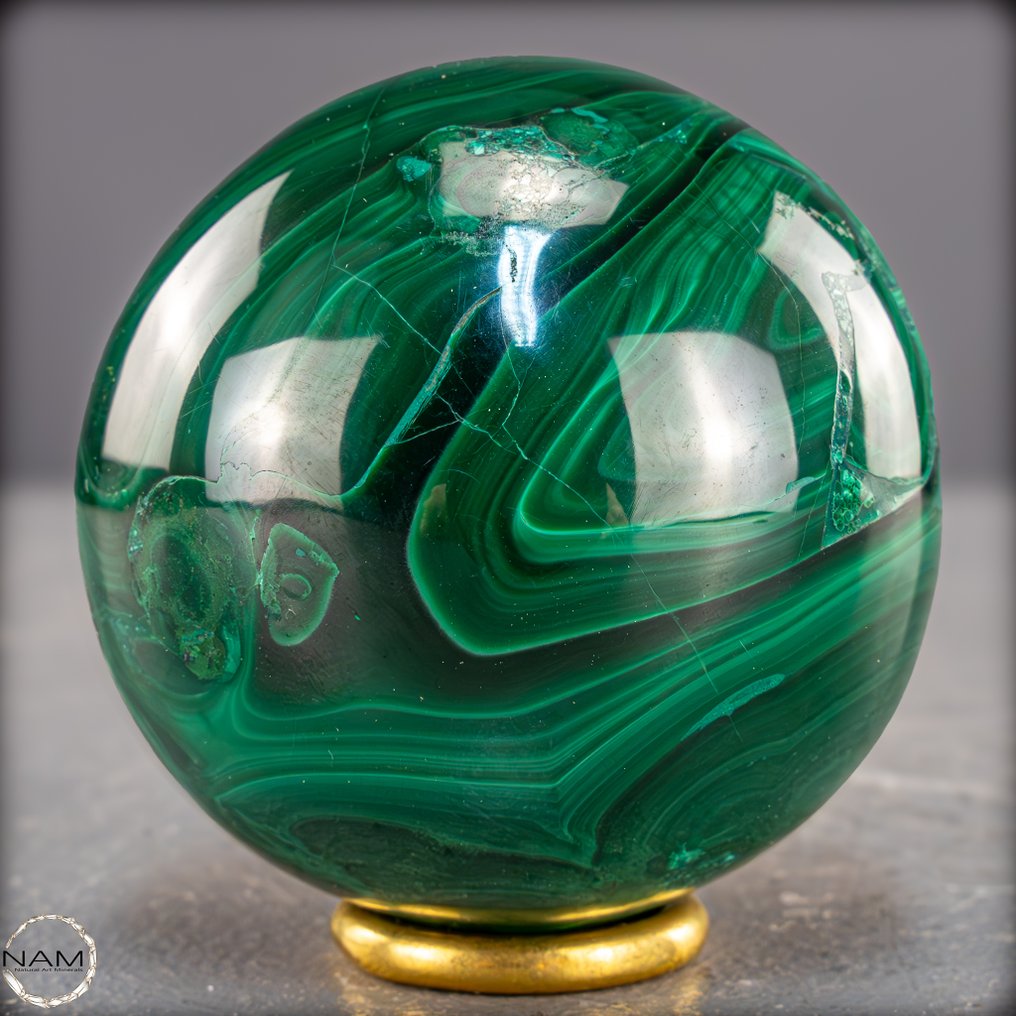 Sphère de malachite naturelle du Congo. Intense et expressif, avec un motif marqué.- 468.55 g #1.0