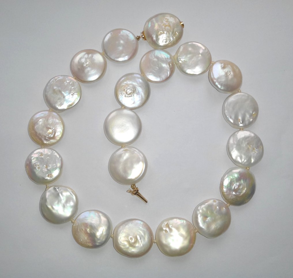 Zonder minimumprijs - Halsketting 14 kt geelgoud - Platte zuchtperlen tot 21,8 mm Ø #2.1