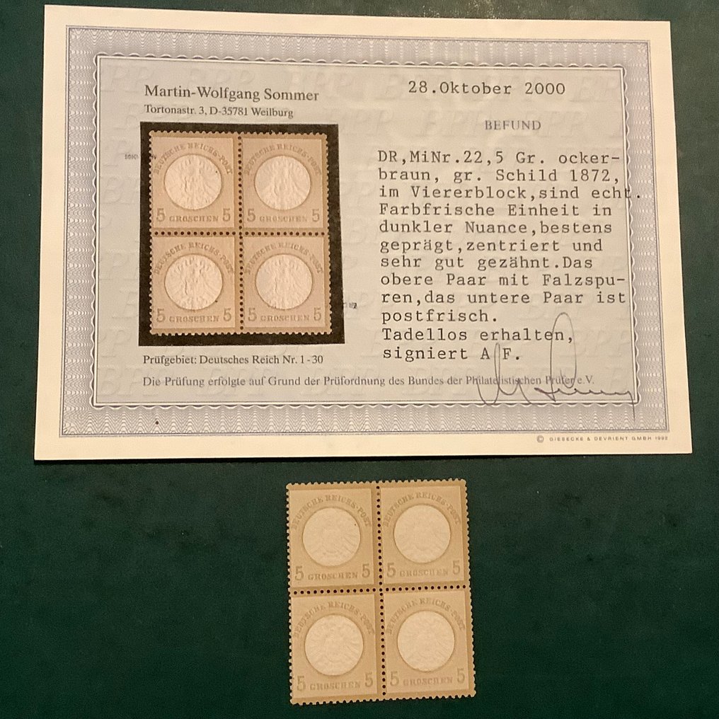 Duitse Rijk 1872 - 5 Groschen Groot Brutschield in blok van vier - einwandfrei befund Sommer - Michel 22 #1.0