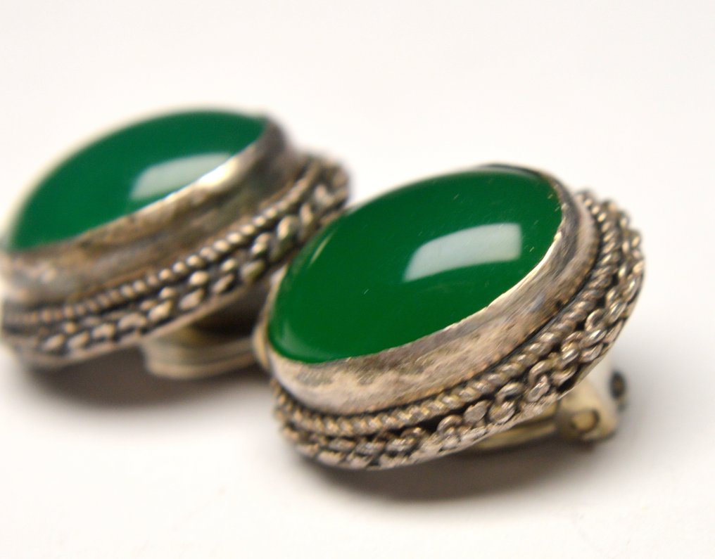 复古925银 - 耳环 - 绿色苹果石 #3.2