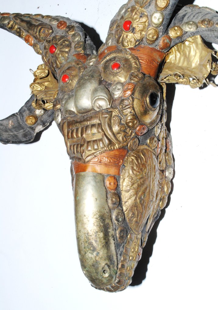 Beskyttende Widderschädel, rigt udsmykket, Totenkopf Skull Sherpa 26 x 27 cm - Nepal (Ingen mindstepris) #3.2