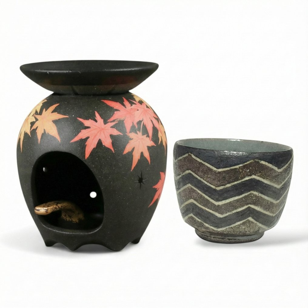 水户绫乃枫木香炉与坂本俊夫镶嵌盅——一套秋日冥想套装 - 瓷器 - Ayano Mito - 日本 - 昭和年代(1926-1989) #1.0