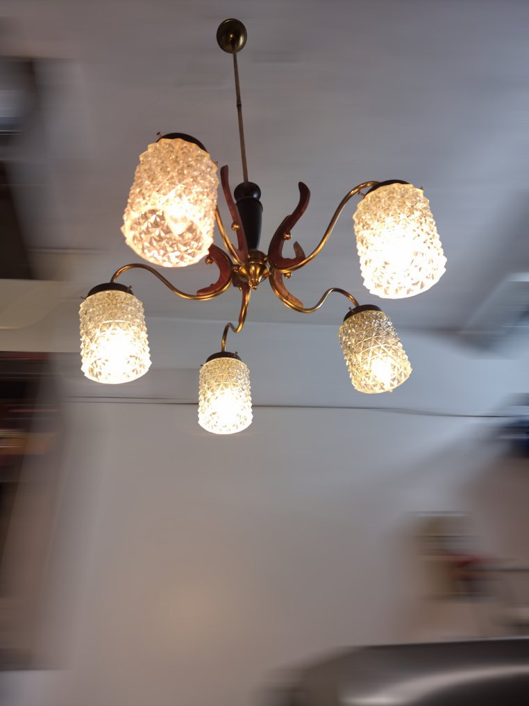 Stilnovo - Κρεμαστό φωτιστικό - 5 διαμαντένια φώτα - ξύλο μπρούντζος γυαλί διαμαντοκολλημένο #1.0