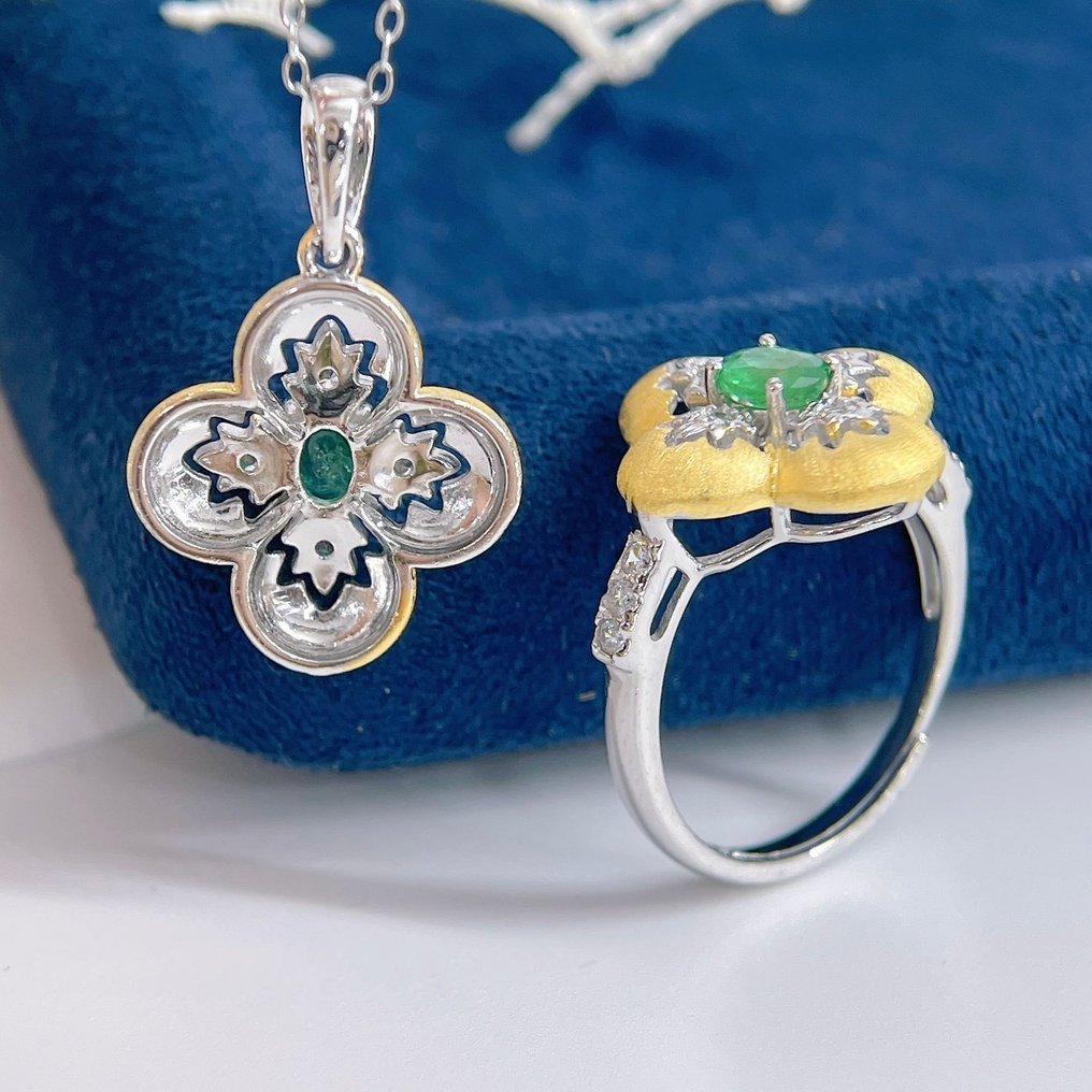 Zonder minimumprijs - 2-delige sieradenset Zilver 925, 14k goud verguld, natuurlijk Smaragd #3.2