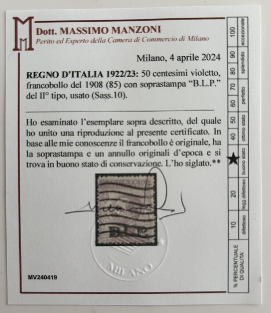 Ιταλία Βασίλειο  - 1922/23 - 50 cent. βιολετί με υπέρτυπο BLP του δεύτερου τύπου, χρησιμοποιημένο - Sassone αρ. 10 #1.0