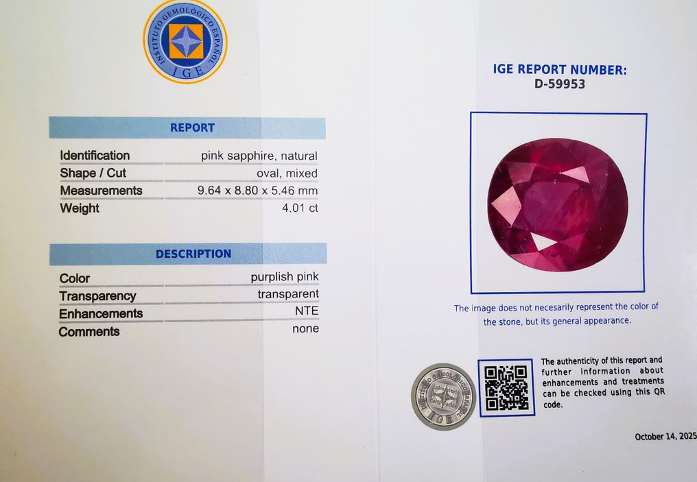 Sans prix de réserve - 1 pcs  Rose Saphir  - 4.01 ct - Instituto Gemólogico Español (IGE) #2.1