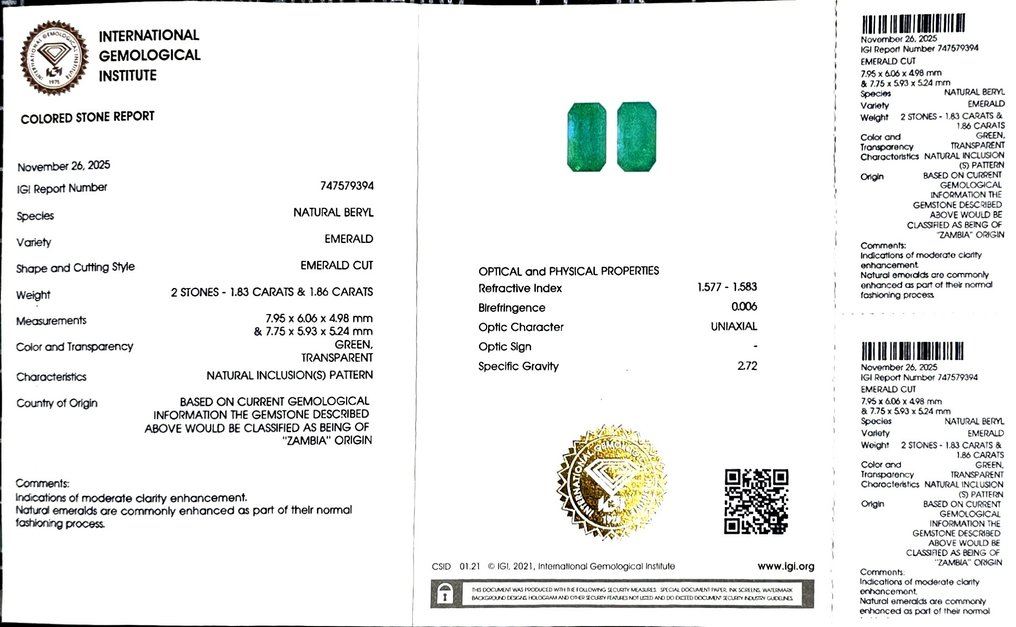 Bez ceny minimalnej
- 2 pcs Szmaragd - 3.69 ct - International Gemological Institute (IGI) #2.1