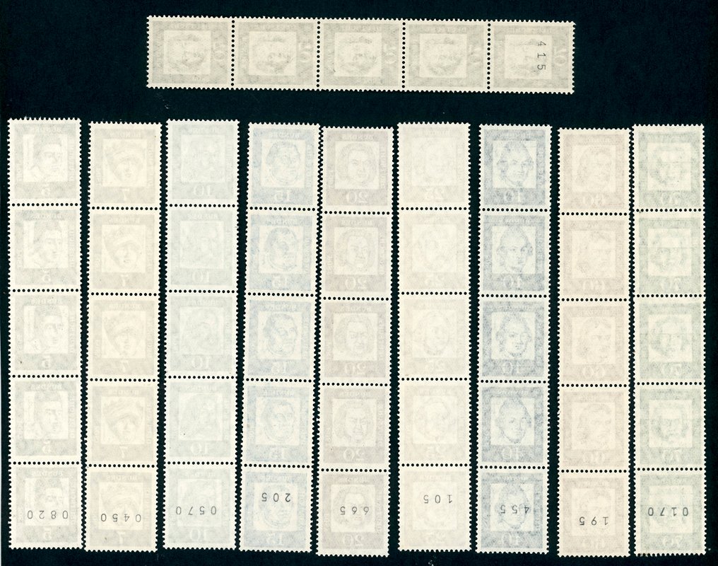 德国，联邦共和国 1961 - 全新未使用的5至70分德国Lumogen， 每组5条带编号。 #2.1