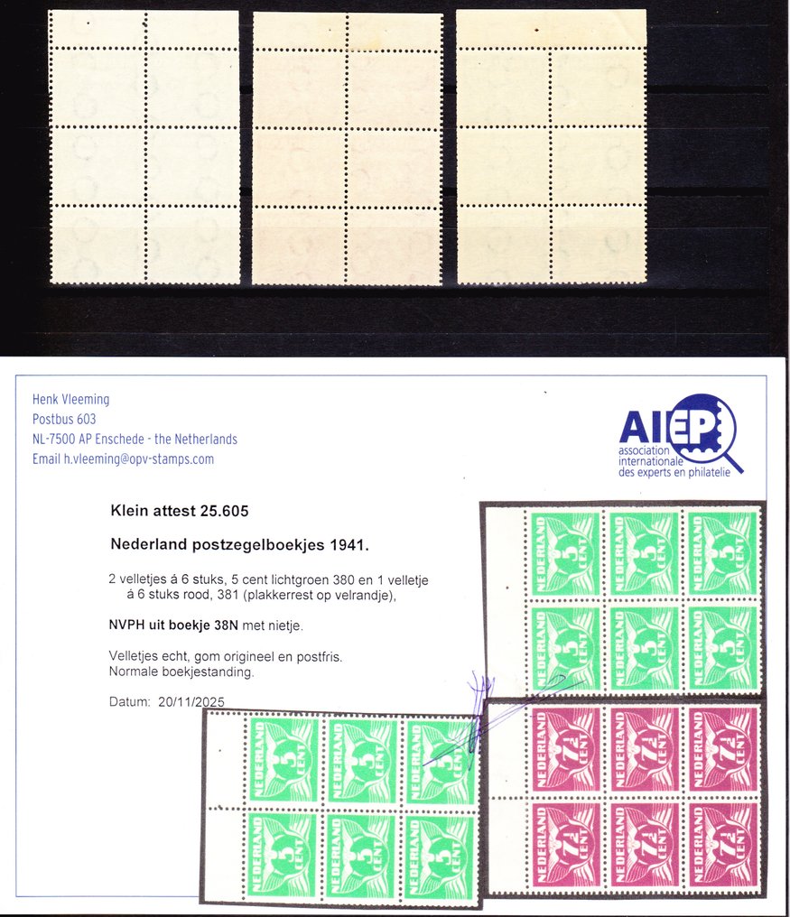 Ολλανδία 1937 - 3x Vel από 6 προερχόμενα από το φυλλάδιο ταχυδρομικών γραμματοσήμων PZ38N με Befund H. Vleeming #3.2