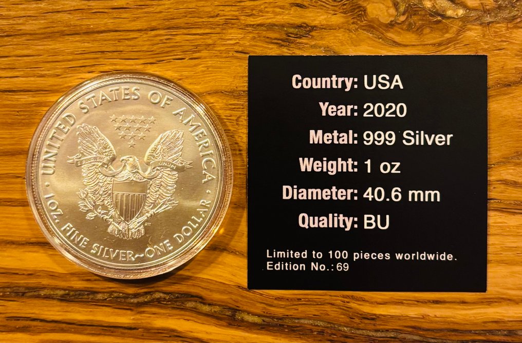 Förenta staterna. 1 Dollar 2020 Silver Eagle 1 oz (.999 zilver) met kleurprint / custom artwork en Certificate of Authenticity (Ingen mindstepris) #1.0
