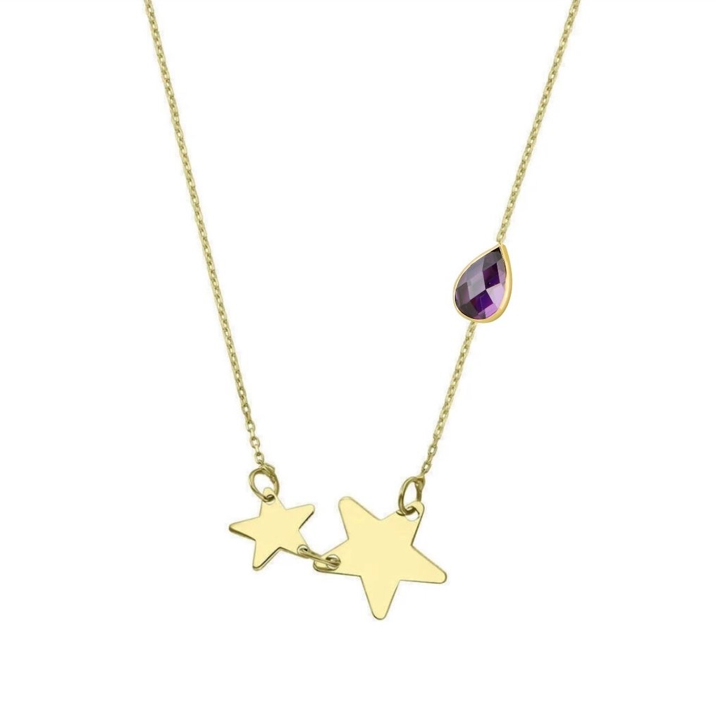 Sem preço de reserva - Handmade - Colar - 14 K Ouro amarelo Zircão - 2 Estrelas com Pedra Roxa #3.2
