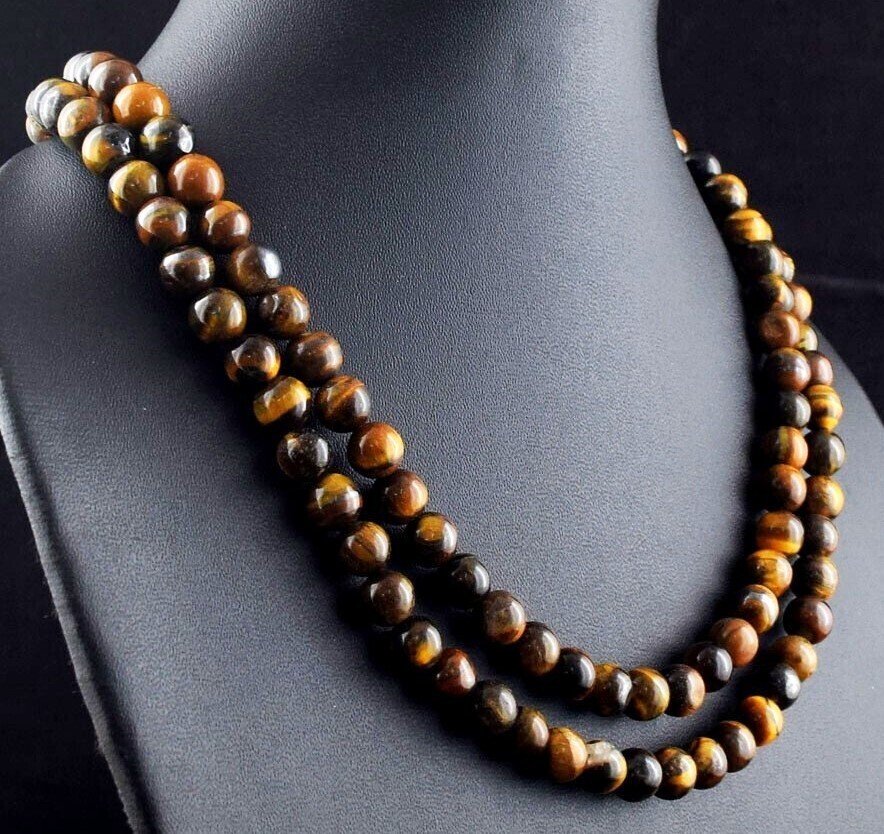 Πολύ όμορφο κολιέ με 2 σειρές χειροποίητο, εξαιρετικής ποιότητας φυσικά μάτια τίγρης, στρογγυλοί Στιλβωμένος- 103.4 g - (1) #1.0