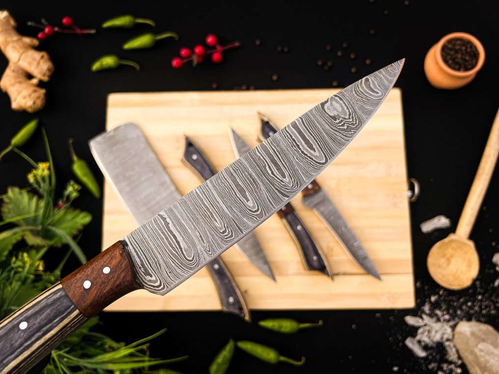Μαχαίρι κουζίνας - Σετ μαχαίρια κουζίνας Chef για καθημερινή χρήση σε εσωτερικούς και εξωτερικούς χώρους (FK-155) - Αμερικανικό τριαντάφυλλο και εξωτικά ξύλινα χειριστήρια και 1095/15N20 διπλωμένο ατσάλι. - Ηνωμένες Πολιτείες - Σετ κουζίνας και μπάρμπεκιου #4.3