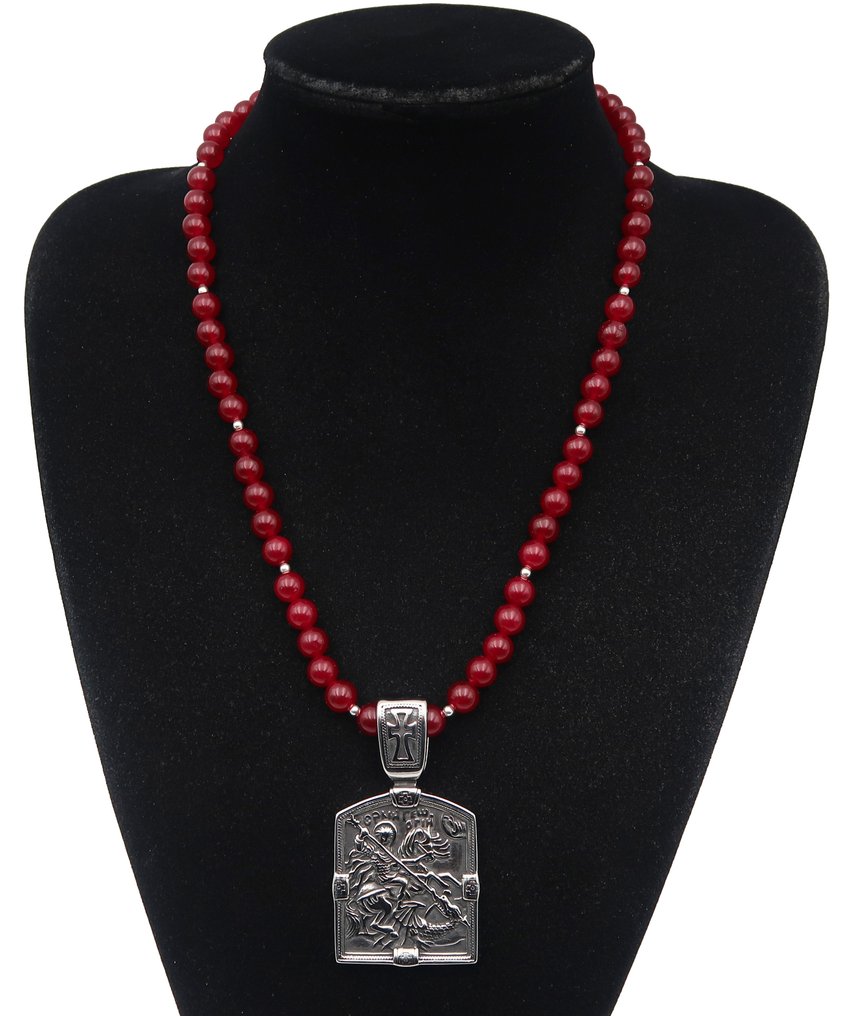 Rubis - Ícone Ortodoxo de Santo Jorge: Triunfo sobre o Mal & Proteção - Fecho, pérolas - Colar #1.0