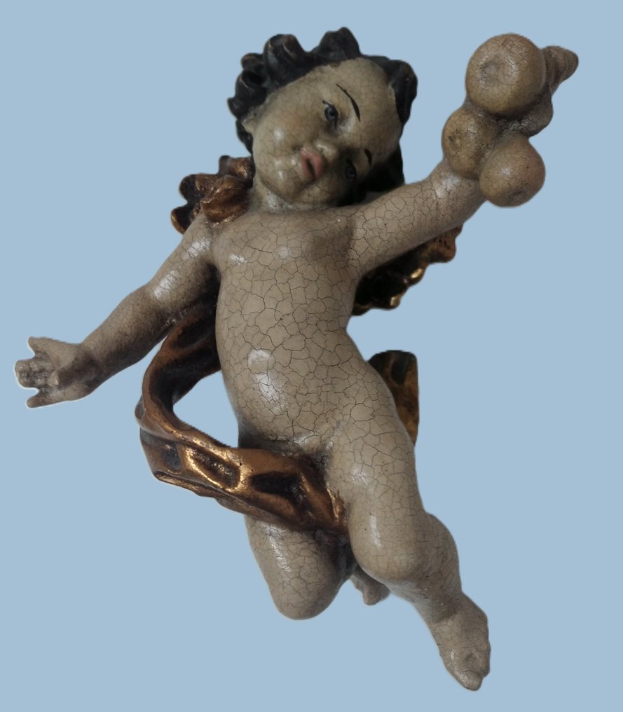 Carving, Holzfigur - farbiger  Engel mit Äpfel  - Schutzengel Wandfigur - 21 cm - Wood #3.2