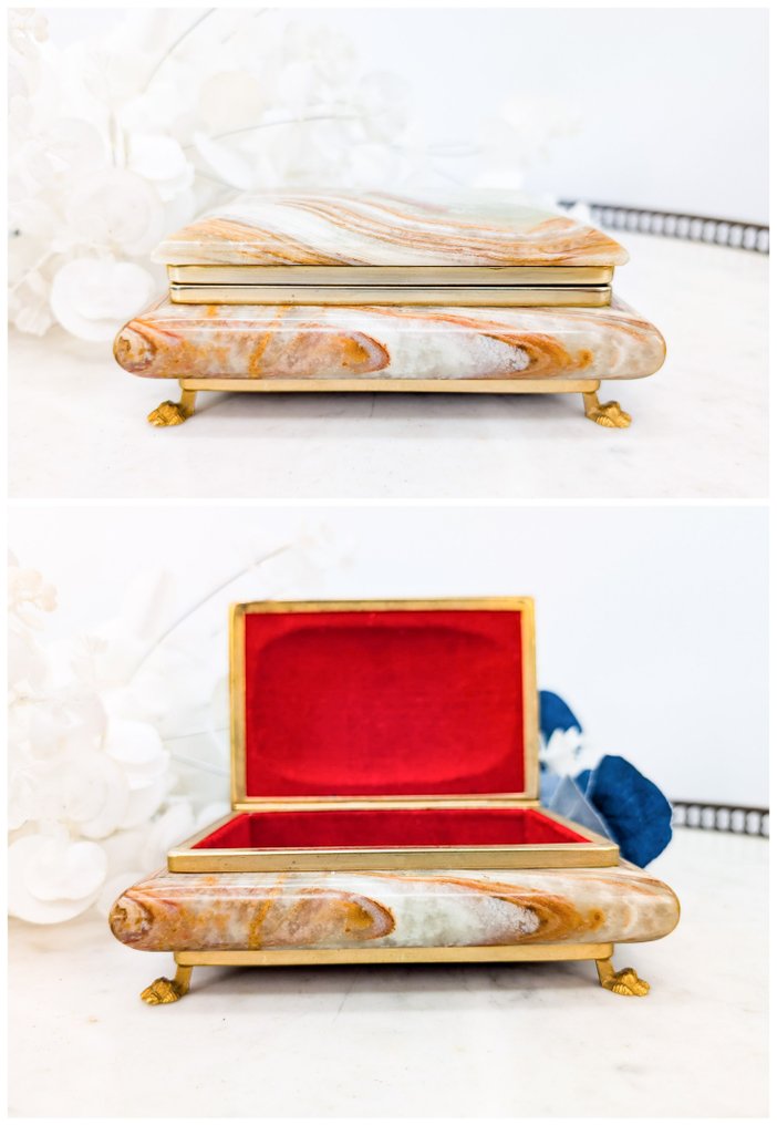 Belle boîte à bijoux en marbre d'onyx vert, pieds pattes de lion en laiton doré - Ékszeresdoboz - Sárgaréz, Ónix #1.0