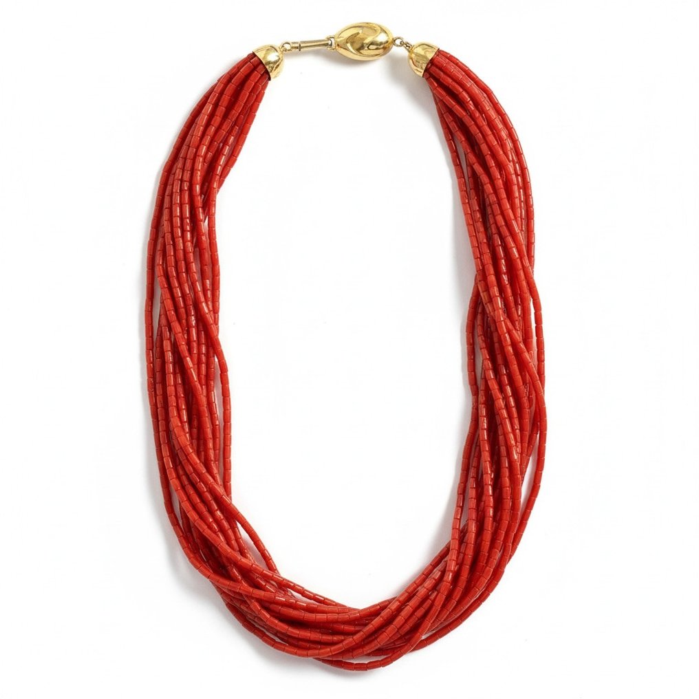 χωρίς τιμή ασφαλείας - Αλυσίδα - 18 καράτια Κίτρινο χρυσό Κοράλλι - Κοράλλι αίματος - Ιταλικό κοράλλινο κολιέ #1.0